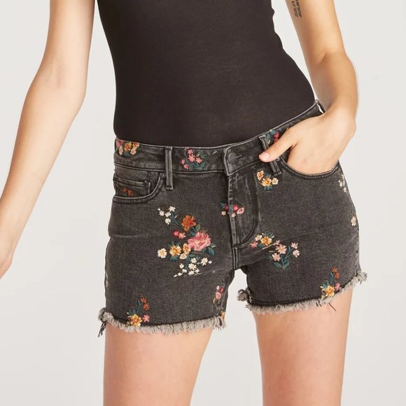 Aqua Connie Fray Hem Short with All over Floral Bouquet Embroidery - Picture 1 of 4